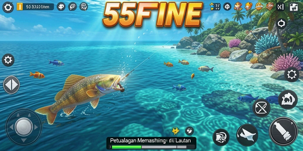 Screenshot 55FIVE menampilkan gameplay memancing yang menegangkan dan penuh warna.