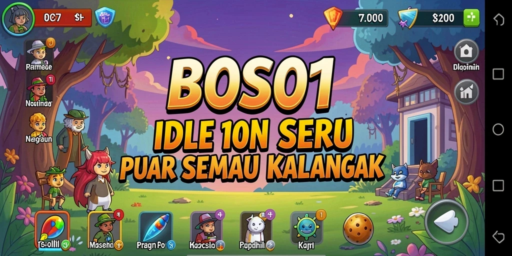 Gameplay BOS01 menampilkan karakter dan sumber daya dalam petualangan idle.