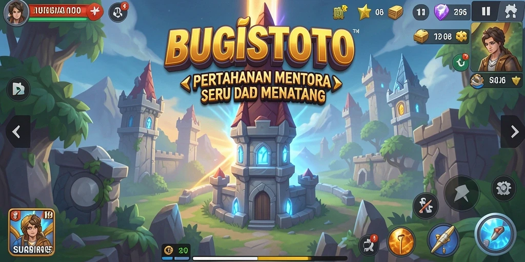 Screenshot menampilkan aksi menara pertahanan di BUGISTOTO.