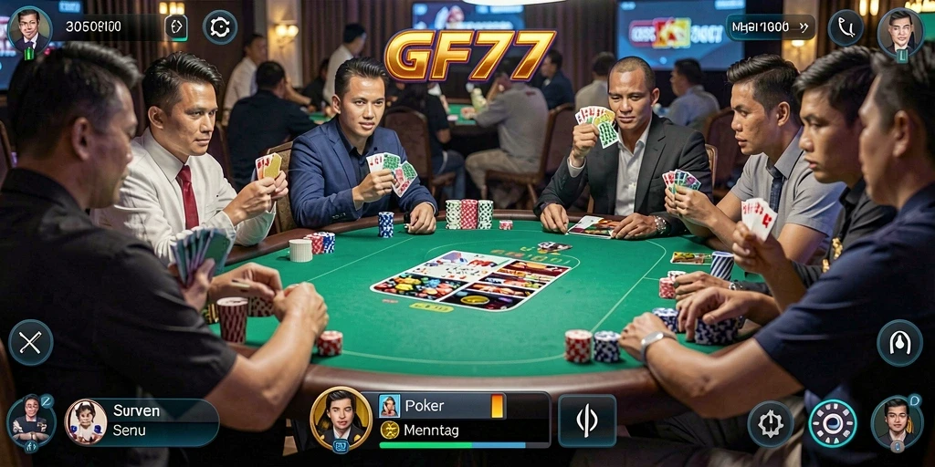 Tangkapan layar gameplay GF777 menampilkan momen seru di meja poker.