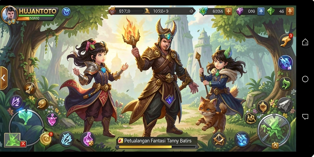 Tangkapan layar gameplay HUJANTOTO yang menampilkan pertarungan epik dan petualangan.