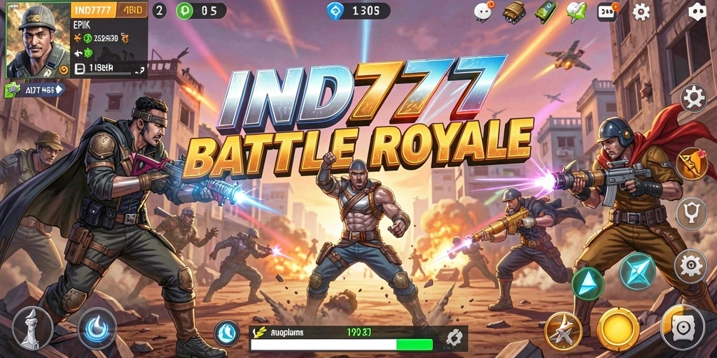 Screenshot gameplay IND777 menunjukkan pertempuran intens di pulau luas.