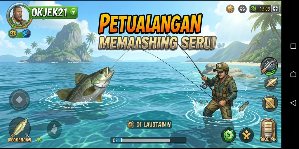Tampilan gameplay OKJEK21 dengan pengalaman memancing yang seru.