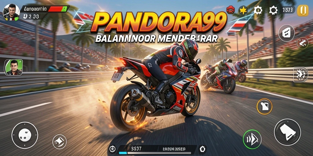 Tampilan seru gameplay PANDORA99 dengan aksi balapan motor.