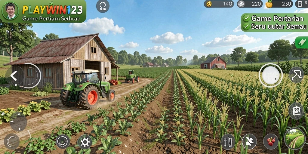 Screenshot utama <strong>PLAYWIN123</strong> yang menampilkan aktivitas bertani yang seru.