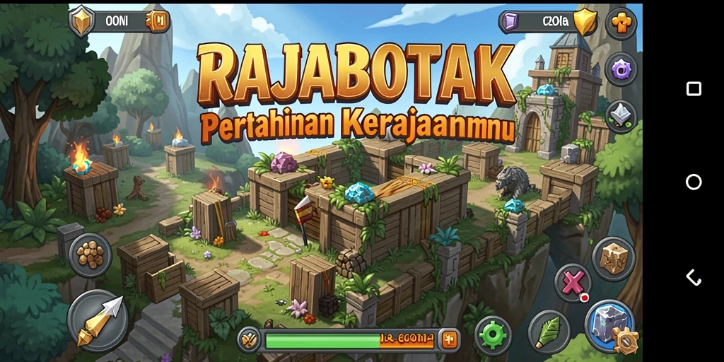 Tampilan gameplay RAJABOTAK dengan menara melawan gelombang musuh.