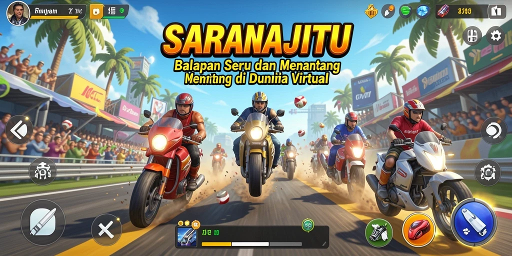 Screenshot gameplay SARANAJITU menampilkan mobil balap beraksi di lintasan.